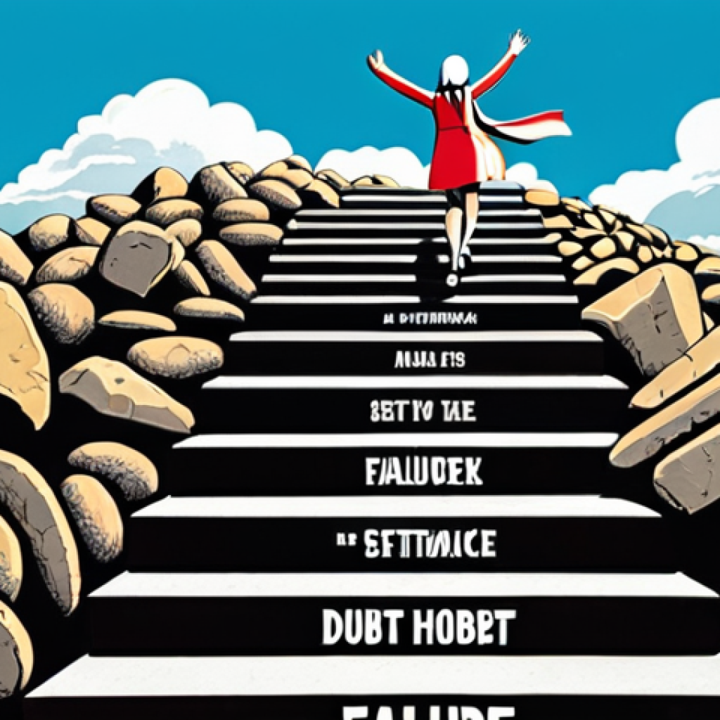 **

"A vibrant, stylized illustration of a person climbing a staircase made of irregularly shaped stones. Some stones are labelled with words like 'Failure,' 'Doubt,' 'Setback'.  The person is smiling and confidently reaching for the top, where a bright, sunny sky is visible. The overall feel is optimistic and motivational, similar to a modern Dutch design aesthetic with clean lines and bold colors. Think M.C. Escher meets positive psychology."

**